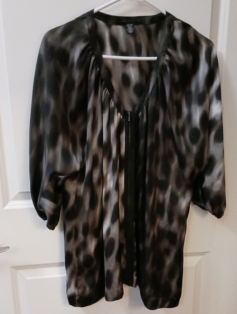 Black and Taupe Animal Print Satin Zip Front Top